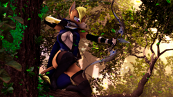 Size: 3840x2160 | Tagged: safe, alternate version, artist:shadowuwu, derpibooru import, oc, oc:nikytaequeen, anthro, donkey, plantigrade anthro, 3d, alternate character, ambush, archery, clothes, commissioner:nickyequeen, female, forest, genshin impact, nature, rule 63, solo, source filmmaker, tree