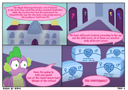 Size: 4960x3508 | Tagged: safe, artist:sweetielover, derpibooru import, spike, dragon, comic:scales at school, g4, building, comic, dialogue, diaper, diaper package, door, high res, logo, male, school, solo, webcomic