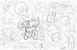 Size: 2048x1331 | Tagged: safe, artist:smile-files, derpibooru import, fluttershy, pegasus, pony, g4, monochrome, raised hoof, raised leg, sketch, sketch dump, smiling, solo