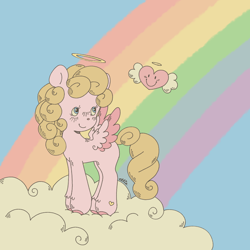 Size: 1280x1280 | Tagged: safe, artist:smile-files, derpibooru import, angel, pegasus, pony, blonde, blonde mane, blonde tail, cloud, cute, halo, heart, looking at someone, rainbow, retro, smiling, solo, tail