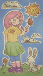 Size: 720x1280 | Tagged: safe, artist:smile-files, derpibooru import, fluttershy, butterfly, human, rabbit, g4, animal, blue sky, clothes, cloud, day, full body, grass, humanized, outdoors, outline, shirt, shoes, skirt, smiling, sun