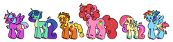 Size: 2000x497 | Tagged: safe, artist:smile-files, derpibooru import, applejack, fluttershy, pinkie pie, rainbow dash, rarity, twilight sparkle, twilight sparkle (alicorn), alicorn, earth pony, pegasus, pony, unicorn, g4, alternate design, appaloosa, braid, braided pigtails, chest fluff, clothes, coat markings, colored wings, colored wingtips, confetti in mane, confetti in tail, crown, ear piercing, earring, facial markings, female, freckles, group, hair over one eye, horn, jewelry, mane six, mare, mismatched hooves, one eye closed, pale belly, piercing, pigtails, ponytail, regalia, sextet, short hair rainbow dash, short mane, short tail, signature, simple background, size difference, smiling, socks, spread wings, sprinkles in mane, sprinkles in tail, standing, stripe (coat marking), tail, tiara, white background, wings