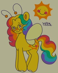 Size: 657x827 | Tagged: safe, artist:smile-files, derpibooru import, flutter pony, pony, full body, multicolored hair, rainbow hair, rainbow tail, simple background, smiling, solo, sun, tail, tan background, yellow coat