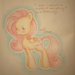 Size: 2048x2048 | Tagged: safe, artist:smile-files, derpibooru import, fluttershy, pegasus, pony, g4, beige background, colored pencil drawing, crying, english, female, folded wings, full body, mare, sad, simple background, solo, text, traditional art, wings