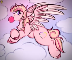 Size: 1200x1000 | Tagged: safe, artist:namelessplaza, derpibooru import, alicorn, pony, bubblegum, cloud, female, food, gum, lying down, solo, wings