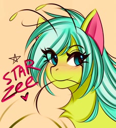 Size: 767x846 | Tagged: safe, artist:namelessplaza, derpibooru import, oc, oc only, oc:starzie, alien, alien pony, pony, blushing, bust, female, heart, portrait, solo