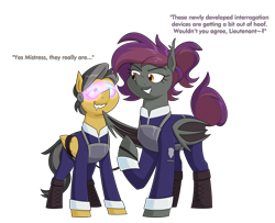 Size: 3190x2596 | Tagged: safe, artist:moonatik, derpibooru import, oc, oc only, oc:anneal, oc:moon sparks, bat pony, pegasus, pony, bat pony oc, boots, clothes, female, hypnogear, hypnogoggles, hypnosis, hypnotized, male, mare, military uniform, pegasus oc, ponytail, shoes, stallion, tail, tail bun, uniform, wing to chin