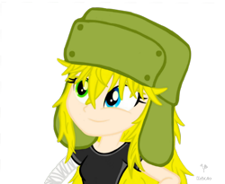 Size: 1024x840 | Tagged: safe, artist:kobato98, derpibooru import, oc, oc only, oc:klever, human, equestria girls, g4, bandage, female, green and yellow, hat, heterochromia, humanized, png, smiling, solo, ushanka, vector