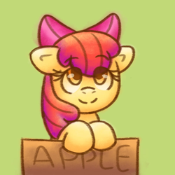 Size: 1000x1000 | Tagged: safe, artist:rosa ushiromiya, derpibooru import, apple bloom, earth pony, pony, g4, apple bloom's bow, bow, box, digital art, female, filly, foal, green background, hair bow, if i fits i sits, looking at you, pony in a box, simple background, smiling