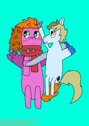 Size: 2480x3508 | Tagged: safe, artist:auramaster151, derpibooru import, oc, oc only, oc:aura star, oc:shell spin, pegasus, pony, beginner artist, blonde, blonde mane, blonde tail, blue background, blue coat, blushing, boyfriend and girlfriend, clothes, couple, cuddling, cute, cyan background, female, glasses, golden eyes, green eyes, holding hooves, hooves, krita, looking away, male, mare, orange mane, orange tail, pegasus oc, pink coat, red scarf, scarf, shy, simple background, spread wings, stallion, tail, wings