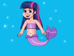 Size: 1192x910 | Tagged: safe, artist:ocean lover, derpibooru import, twilight sparkle, human, mermaid, g4, bandeau, bare midriff, bare shoulders, belly, belly button, bubble, child, cute, excited, excitement, exploring, fins, fish tail, happy, humanized, light skin, long hair, looking at something, mermaid tail, mermaidized, midriff, ms paint, nerd, ocean, open mouth, purple eyes, sleeveless, species swap, swimming, tail, tail fin, three toned hair, twiabetes, underwater, water, young, young twilight, younger