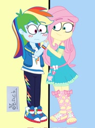 Size: 761x1024 | Tagged: safe, artist:garybaldor, derpibooru import, fluttershy, rainbow dash, human, better together, equestria girls, g4, blush lines, blushing, clothes, dress, duo, duo female, female, flutterdash, holding hands, jacket, lesbian, pants, shipping, shirt, shoes, solo, wristband