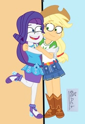 Size: 715x1040 | Tagged: safe, artist:garybaldor, derpibooru import, applejack, rarity, human, better together, equestria girls, g4, applejack's hat, blue nail polish, boots, clothes, cowboy hat, duo, duo female, female, hat, hug, lesbian, open mouth, open smile, raised leg, rarijack, shipping, shirt, shoes, signature, skirt, smiling