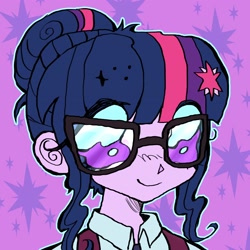 Size: 3120x3120 | Tagged: safe, artist:larvaecandy, derpibooru import, sci-twi, twilight sparkle, equestria girls, g4, bangs, big eyes, bust, clothes, collared shirt, colored sclera, commission, curly eyelashes, cutie mark accessory, cutie mark background, cutie mark hair accessory, eye clipping through hair, eyelashes, female, glasses, hair accessory, hair bun, hairclip, high res, icon, looking at you, no pupils, outline, patterned background, profile picture, purple eyes, purple sclera, purple skin, shirt, sidebangs, smiling, smiling at you, solo, three toned hair, tied hair, two toned background, wingding eyes