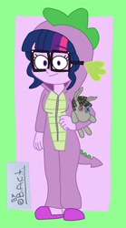 Size: 1158x2080 | Tagged: safe, artist:garybaldor, derpibooru import, sci-twi, smarty pants, twilight sparkle, human, equestria girls, g4, clothes, costume, dragon costume, female, glasses, implied spike, kigurumi, looking at you, onesie, pajamas, plushie, signature, slippers, smiling, solo