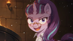 Size: 3840x2160 | Tagged: safe, ai content, derpibooru import, machine learning generated, snowfall frost, starlight glimmer, pony, unicorn, a hearth's warming tail, g4, cauldron, clothes, evil smile, female, glasses, high res, horn, indoors, looking at you, mare, my little pony: friendship is magic, prompter:bluetoothworld, smiling, solo, wallpaper