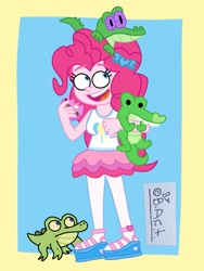 Size: 1560x2080 | Tagged: safe, artist:garybaldor, derpibooru import, gummy, pinkie pie, alligator, human, equestria girls, g4, g4.5, my little pony: pony life, alligator plushie, clothes, cookie, cutie mark on clothes, eating, female, food, looking at someone, looking up, male, my little pony: friendship is magic, open mouth, open smile, pinkie pie's cutie mark, plushie, self paradox, signature, smiling