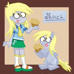 Size: 2048x2042 | Tagged: safe, artist:garybaldor, derpibooru import, derpy hooves, human, pegasus, pony, equestria girls, g4, clothes, duo, duo female, female, folded wings, food, human ponidox, mare, muffin, necktie, raised hooves, self paradox, self ponidox, shirt, signature, sitting, skirt, smiling, socks, tail, that pony sure does love muffins, tongue, tongue out, wings