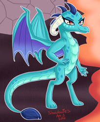 Size: 1638x2000 | Tagged: safe, artist:shadowiesart, derpibooru import, princess ember, dragon, g4, dragoness, female, hand on hip, lava, rock, solo, standing, tail, wings