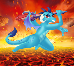 Size: 846x766 | Tagged: safe, alternate version, artist:lightningstarsc, derpibooru import, princess ember, dragon, g4, bloodstone scepter, dragoness, female, flying, grin, lava, looking at you, skylanders, smiling, solo, wings