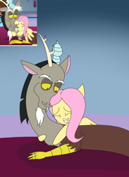 Size: 1200x1635 | Tagged: safe, derpibooru import, discord, fluttershy, draconequus, pegasus, pony, g4, the beginning of the end, cropped, crying, discoshy, duo, eyes closed, female, gradient background, hug, looking at someone, male, mare, my little pony: friendship is magic, screencap reference, shipping, smiling, smiling at someone, straight, tears of joy