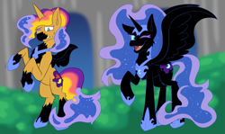 Size: 1511x900 | Tagged: oc name needed, safe, artist:detectivecoon, derpibooru import, nightmare moon, oc, alicorn, pony, unicorn, g4, armor, character to character, ethereal mane, female, hoof shoes, horn, mare, one eye closed, peytral, princess shoes, raised hoof, raised leg, rearing, smiling, spread wings, transformation, transformation sequence, unicorn oc, wings, wink