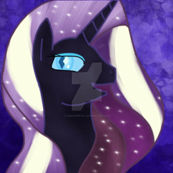 Size: 1024x1024 | Tagged: safe, artist:asinglepetal, derpibooru import, nightmare rarity, rarity, pony, unicorn, g4, amethyst background, bust, crystal background, darkened coat, deviantart watermark, diamond pupils, eyeshadow, female, horn, ipad, makeup, mare, nightmarified, obtrusive watermark, open mouth, peytral, procreate, procreate app, slit eyes, solo, starry hair, tumblr:a rarity of a nightmare, tumblr:ask nightmare rarity, watermark, white stripes