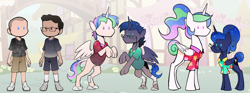 Size: 4758x1764 | Tagged: safe, artist:axiomtf, derpibooru import, princess celestia, princess luna, alicorn, human, pony, between dark and dawn, g4, clothes, crooked glasses, duo, female, flower, glasses, hawaiian shirt, high res, human male, human to pony, male, male to female, mare, my little pony: friendship is magic, royal sisters, rule 63, shirt, siblings, sisters, species swap, t-shirt, transformation, transformation sequence, transforming clothes, transgender transformation, wings