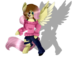 Size: 2834x2267 | Tagged: safe, artist:toffee-the-dingo, derpibooru import, fluttershy, human, pegasus, pony, g4, clothes, eye color change, female, high res, human to pony, mid-transformation, open mouth, open smile, simple background, smiling, solo, species swap, spread wings, standing, sweater, torn clothes, transformation, transparent background, wings