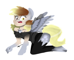 Size: 2708x2215 | Tagged: safe, artist:toffee-the-dingo, derpibooru import, derpy hooves, human, pegasus, pony, g4, all fours, butt, clothes, eye color change, female, high res, human to pony, mid-transformation, open mouth, simple background, solo, species swap, spread wings, surprised, torn clothes, transformation, white background, wings