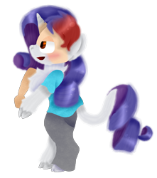 Size: 2988x3385 | Tagged: safe, artist:toffee-the-dingo, derpibooru import, rarity, human, pony, unicorn, g4, clothes, cloven hooves, female, high res, horn, human to pony, leonine tail, lidded eyes, mid-transformation, open mouth, profile, simple background, smiling, solo, species swap, standing, tail, transformation, transparent background