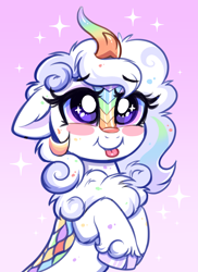 Size: 4225x5818 | Tagged: safe, artist:confetticakez, derpibooru import, oc, oc only, oc:cloudy canvas, kirin, :p, absurd resolution, blushing, chest fluff, cloven hooves, cute, eyebrows, eyebrows visible through hair, female, gradient background, horn, kirin oc, kirinbetes, ocbetes, solo, sparkles, sparkly eyes, tongue, tongue out, unshorn fetlocks, wingding eyes