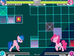 Size: 993x745 | Tagged: safe, artist:tom artista, derpibooru import, firefly, pinkie pie, rainbow dash, earth pony, pegasus, fighting is magic, g1, g4, bipedal, eyes closed, game screencap, geometry, neon, recolor, stage, the backrooms