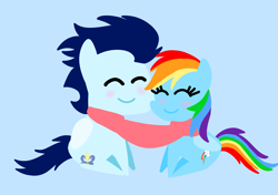 Size: 3553x2499 | Tagged: safe, anonymous artist, derpibooru exclusive, derpibooru import, rainbow dash, soarin', pegasus, pony, series:soarindash all seasons, series:soarindash winter, blushing, clothes, eyes closed, female, male, mare, pointy ponies, scarf, shared clothing, shared scarf, shipping, smiling, soarindash, stallion, straight