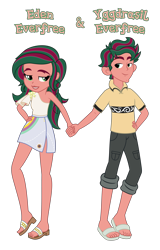 Size: 3236x5050 | Tagged: safe, anonymous artist, derpibooru import, oc, oc only, oc:eden everfree, oc:yggdrasil everfree, human, equestria girls, g4, absurd resolution, barefoot, bedroom eyes, blouse, brother, brother and sister, closed mouth, clothes, description is relevant, duo, duo male and female, eyebrows, eyelashes, eyes open, feet, female, hand on hip, happy, holding hands, implied inbreeding, implied incest, implied shipping, implied twincest, inbreeding, incest, looking, looking at each other, looking at someone, male, name, offspring, open mouth, pants, parent:gloriosa daisy, parent:timber spruce, parents:timberosa, pocket, product of incest, sandals, shipping, shirt, shoes, shorts, siblings, simple background, sister, skirt, smiling, story included, straight, symbol, teeth, text, top, transparent background, twincest, twins, vector, wall of tags