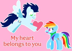 Size: 2602x1847 | Tagged: safe, anonymous artist, derpibooru exclusive, derpibooru import, rainbow dash, soarin', pegasus, pony, series:soarindash romantic tales, cute, dashabetes, female, flying, heart, heartwarming, lineless, looking at each other, looking at someone, male, mare, primal, rainbow dash is best pony, romantic, shipping, smiling, smiling at each other, soarinbetes, soarindash, stallion, straight, text