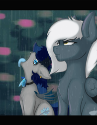 Size: 3000x3840 | Tagged: safe, artist:index3, derpibooru import, oc, oc only, oc:aura rhinestone, oc:tempest streamrider, bat pony, pegasus, pony, anime reference, bat hybrid, meme, vegeta in the rain