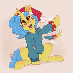 Size: 2500x2500 | Tagged: safe, artist:lionbun, derpibooru import, oc, unicorn, christmas, clothes, commission, cute, hat, holiday, hoodie, horn, jingle bells, male, santa hat, sketch, stallion, sweater, unicorn oc, waving