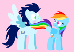 Size: 2602x1847 | Tagged: safe, anonymous artist, derpibooru exclusive, derpibooru import, rainbow dash, soarin', pegasus, pony, series:soarindash romantic tales, blushing, cute, dashabetes, female, flirting, lineless, male, mare, primal, rainbow dash is best pony, rainbow sass, seduction, shipping, soarinbetes, soarindash, stallion, straight, tail, tail seduce