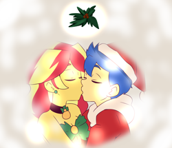 Size: 2200x1892 | Tagged: safe, artist:lirudraw, derpibooru import, flash sentry, sunset shimmer, equestria girls, g4, christmas, ear piercing, earring, female, flashimmer, holiday, jewelry, kissing, male, mistleholly, piercing, shipping, straight