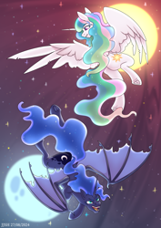 Size: 2894x4093 | Tagged: safe, alternate version, artist:jjsh, derpibooru import, nightmare moon, princess celestia, princess luna, alicorn, bat pony, bat pony alicorn, pony, g4, bat ponified, bat wings, beautiful, duo, evil, fangs, female, fight, flying, grin, high res, horn, lunabat, mare, moon, night, night sky, open mouth, outdoors, race swap, redraw, sky, smiling, spread wings, stars, sun, wings