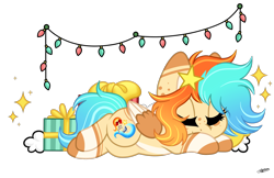 Size: 1600x1037 | Tagged: safe, artist:princessmoonsilver, derpibooru import, oc, oc:caprisun fishes, pegasus, pony, christmas, christmas lights, female, holiday, lying down, mare, present, prone, simple background, sleeping, solo, transparent background