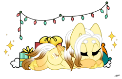 Size: 1600x1037 | Tagged: safe, artist:princessmoonsilver, derpibooru import, oc, oc:lemon meringue, pegasus, pony, christmas, christmas lights, female, holiday, lying down, mare, present, prone, simple background, sleeping, solo, transparent background