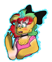 Size: 2246x2670 | Tagged: safe, artist:toffee-the-dingo, derpibooru import, sunset shimmer, human, pony, unicorn, g4, bow, bust, chest fluff, eye color change, female, glowing, glowing horn, hair bow, high res, horn, human to pony, simple background, solo, species swap, transformation, transparent background