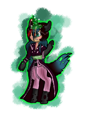 Size: 2081x2881 | Tagged: safe, artist:toffee-the-dingo, derpibooru import, queen chrysalis, changeling, changeling queen, human, g4, black sclera, clothes, dress, eye color change, female, glowing, glowing horn, high res, horn, simple background, solo, standing, transformation, transparent background