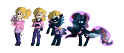 Size: 3751x1599 | Tagged: safe, artist:toffee-the-dingo, derpibooru import, nightmare moon, alicorn, human, pony, g4, chest fluff, clothes, ethereal mane, female, galaxy mane, high res, human to pony, simple background, solo, species swap, torn clothes, transformation, transformation sequence, white background