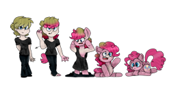 Size: 4407x2285 | Tagged: safe, artist:toffee-the-dingo, derpibooru import, pinkie pie, earth pony, human, pony, g4, high res, human to pony, inanimate tf, plushie, shrinking, simple background, solo, species swap, transformation, transformation sequence, transparent background