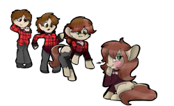 Size: 4690x2851 | Tagged: safe, artist:toffee-the-dingo, derpibooru import, oc, oc only, earth pony, human, pony, blushing, clothes, collar, female, high res, human to pony, lip bite, male, sitting, solo, species swap, transformation, transformation sequence, transforming clothes, transgender transformation