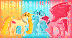 Size: 3000x1600 | Tagged: safe, artist:ireneroxanne666, derpibooru import, bat pony, earth pony, unicorn, akita neru, concave belly, female, hatsune miku, horn, kasane teto, mare, trio, vocaloid