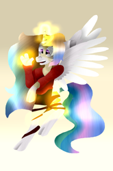 Size: 2988x4524 | Tagged: safe, artist:toffee-the-dingo, derpibooru import, princess celestia, alicorn, human, pony, g4, clothes, glowing, glowing horn, gradient background, high res, horn, human to pony, mid-transformation, solo, species swap, transformation, worried